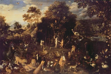 El jardín del Edén con Adán y Eva